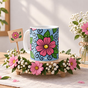 Rosa Blüten mit grünen Blättern und geschwungenen Kaffeetasse