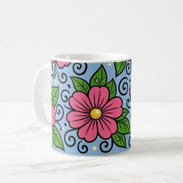 Rosa Blüten mit grünen Blättern und geschwungenen Kaffeetasse