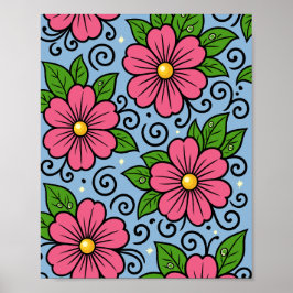 Rosa Blüten mit grünen Blättern und geschwungenen Poster