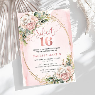 Rosa Blüten mit Grünzeug Sweet Sixteen  Einladung