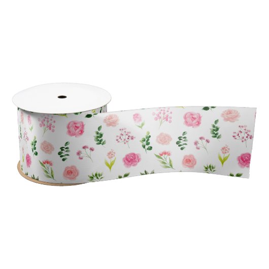 Rosa Blüten mit Laub Satinband (Spule)
