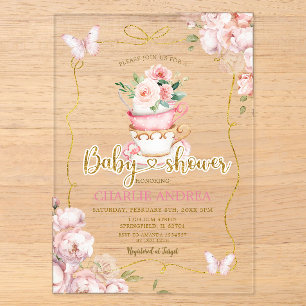 Rosa Blüten Schmetterling Tee Party Baby Shower Acryleinladungen