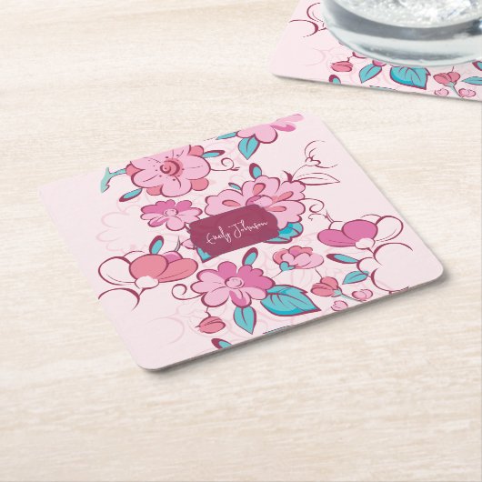 Rosa Blüten Schriftzug Papier Untersetzer (angewinkelt)