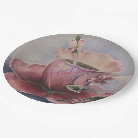 ROSA BLÜTEN-TEE-SCHALEN-MONOGRAMM-PARTY PAPPTELLER (Schrägansicht)