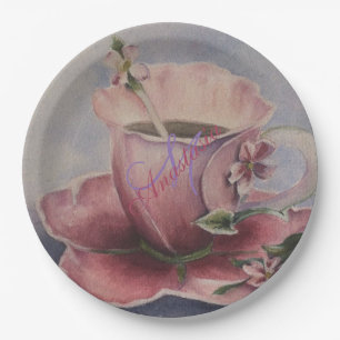 ROSA BLÜTEN-TEE-SCHALEN-MONOGRAMM-PARTY PAPPTELLER