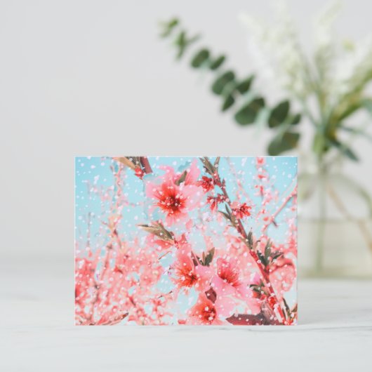 Rosa Blüten und fliegende Blüten (oder Schnee?) Postkarte (Stehend Vorderseite)