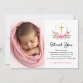 Rosa Blüten und Foto der Taufe mit Goldkreuz Dankeskarte (Vorderseite)
