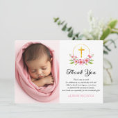 Rosa Blüten und Foto der Taufe mit Goldkreuz Dankeskarte (Stehend Vorderseite)