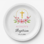 Rosa Blüten und goldene Kreuzmädchen Blumentaufen Pappteller (Vorderseite)