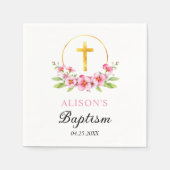 Rosa Blüten und goldene Kreuzmädchen Blumentaufen Serviette (Vorderseite)