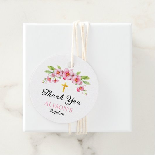 Rosa Blüten und Goldkreuz Mädchen Taufe Danke Geschenkanhänger (Beispiel)