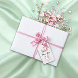 Rosa Blüten und Goldkreuz Mädchen Taufe Danke Geschenkanhänger