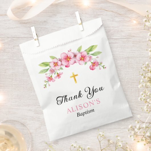 Rosa Blüten und Goldkreuz Mädchen Taufe Danke Geschenktütchen (Ausgeschnitten)