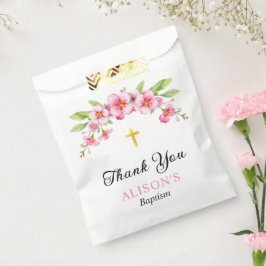 Rosa Blüten und Goldkreuz Mädchen Taufe Danke Geschenktütchen