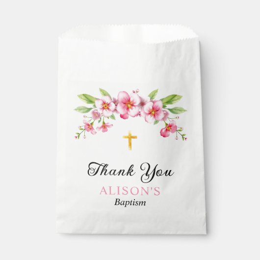 Rosa Blüten und Goldkreuz Mädchen Taufe Danke Geschenktütchen (Vorderseite)