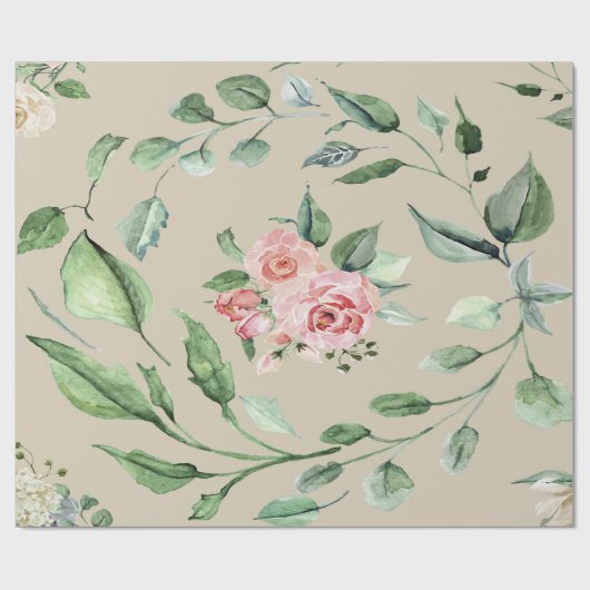Rosa Blüten und Grün Geschenkpapier (Flach)