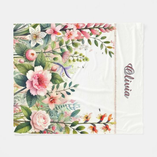 Rosa Blüten und Grünpflanzen Personalisiert Fleecedecke (Vorderseite (Horizontal))