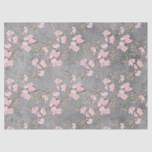 Rosa Blüten und Verzweigungen auf der Grau-Dekoupa Seidenpapier (Vorderseite)