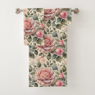 Rosa Blüten und weiße Rose aus Kohl Badhandtuch Set
