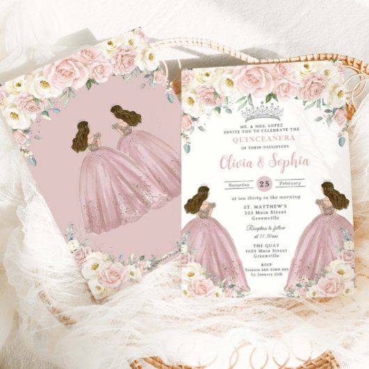 Rosa Blüten Weiße Flora Twin Girls Quinceañera XV Einladung