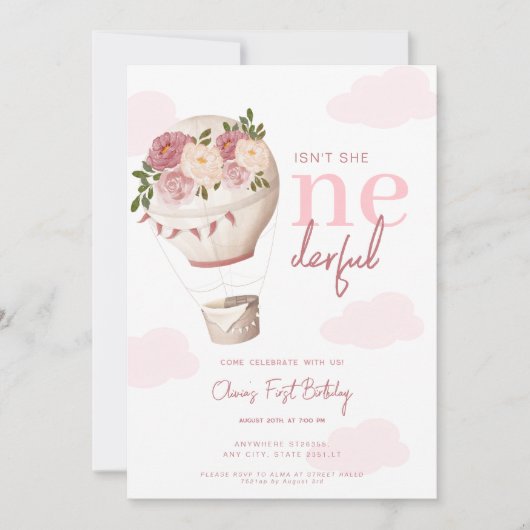 Rosa Blütenballon Heißluftballon Onederday 1. Gebu Einladung (Vorderseite)