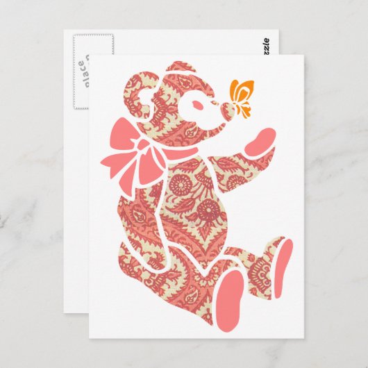 Rosa Blütenbär mit Schmetterling Postkarte (Vorne/Hinten)