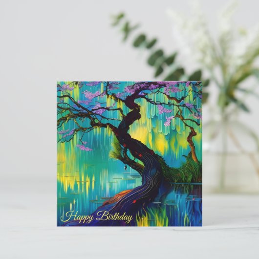 Rosa Blütenbaum über Wasser Geburtstag (Stehend Vorderseite)