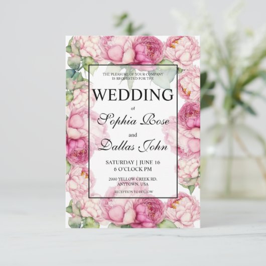 Rosa Blütenblätter Hochzeit von Aquarellfarben Einladung (Stehend Vorderseite)