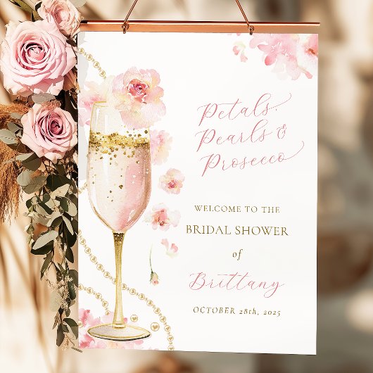 Rosa Blütenblätter Perlen Prosecco Brautparty Poster