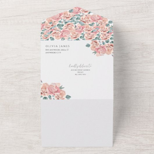 Rosa Blütenblätter & Prosecco Sommergebäck Brautpa All In One Einladung (Außenbereich)