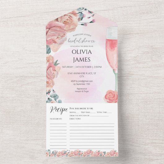 Rosa Blütenblätter & Prosecco Sommergebäck Brautpa All In One Einladung (Innen Boden)