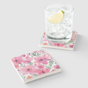 Rosa Blütenblätter   Wasserfarben gemalte Blumen Steinuntersetzer