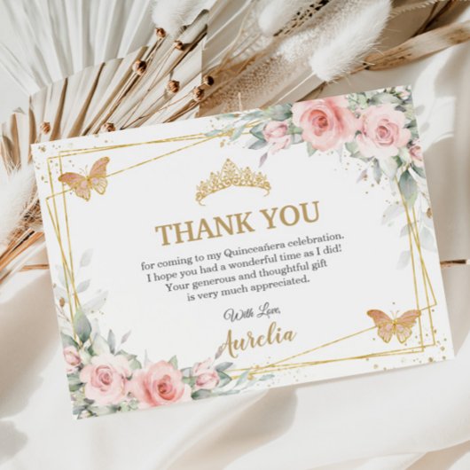 Rosa Blütenblättrige Goldkrone Quinceañera Butterf Dankeskarte