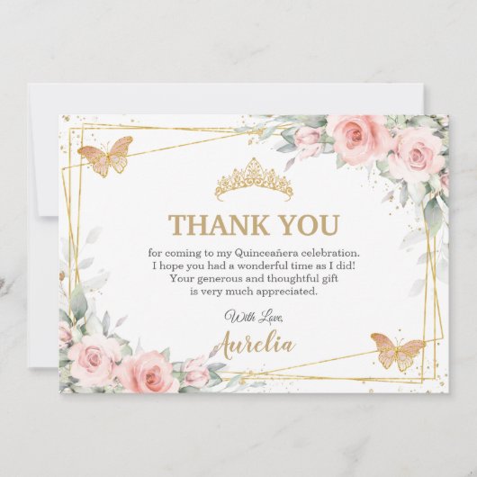 Rosa Blütenblättrige Goldkrone Quinceañera Butterf Dankeskarte (Vorderseite)