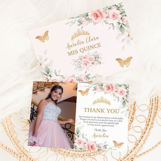 Rosa Blütenblättrige Goldkrone Quinceañera Foto Dankeskarte