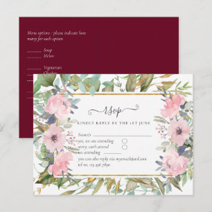 Rosa Blütenblättrige Grünpflanzen Hochzeit RSVP Postkarte