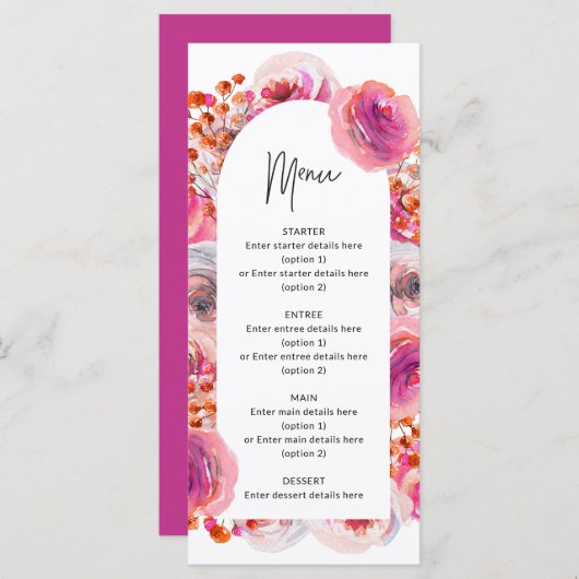 Rosa Blütenblättrige Petalen und Prosecco-Brautpar Menükarte (Vorne/Hinten)