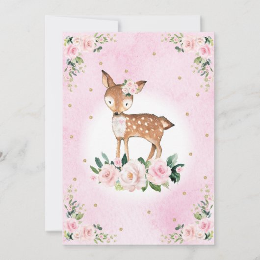 Rosa Blütenblättriger Blumenwald Deer Baby Girl Du Einladung (Rückseite)