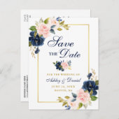 Rosa Blütenblau Bläserblume Elegantes Gold Save th Ankündigungspostkarte (Vorne/Hinten)