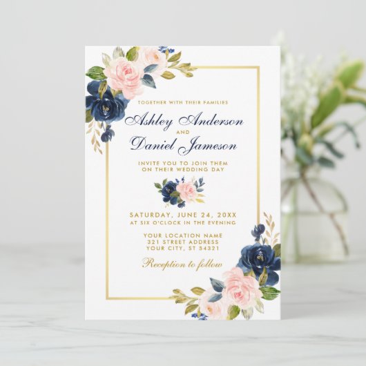 Rosa Blütenblau florale Elegante Hochzeitsgoldrahm Einladung (Stehend Vorderseite)