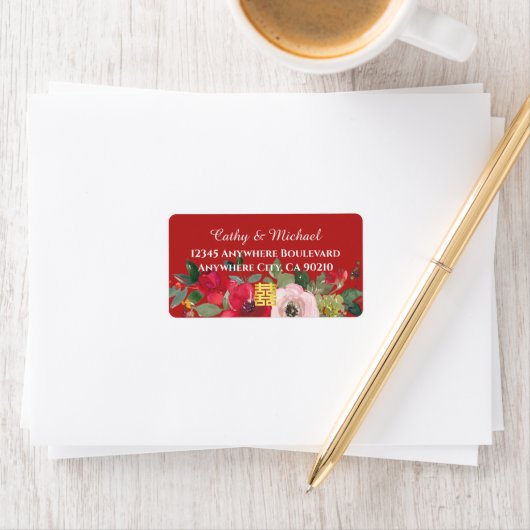 Rosa Blütenblume Chinesische Hochzeitsstimmung Rüc Adressaufkleber (Insitu)