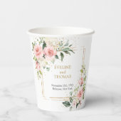 Rosa Blütenblume Eukalyptus Goldhochzeit Pappbecher (Rückseite)