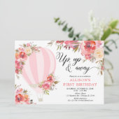 Rosa Blütenblume Heißluftballon Mädchen Geburtstag Einladung (Stehend Vorderseite)