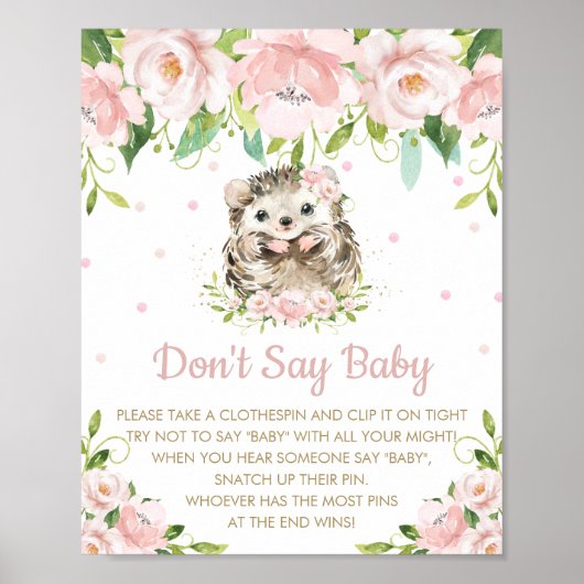 Rosa Blütenblume Igel Say Baby Shower Game Poster (Vorne)