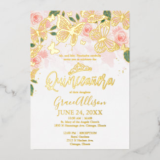 Rosa Blütenblume Quinceanera Butterfly Gold Folieneinladung