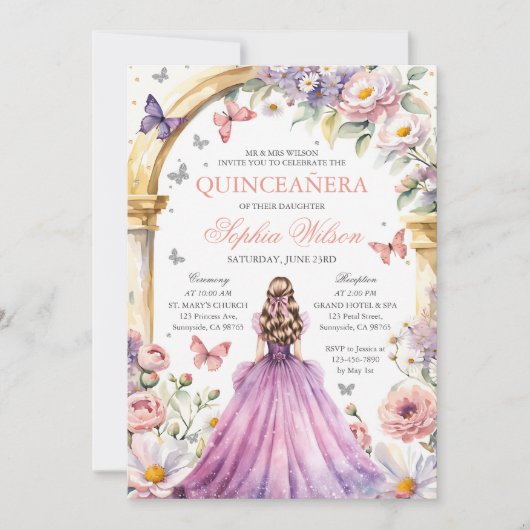 Rosa Blütenblume Quinceanera Einladung (Vorderseite)