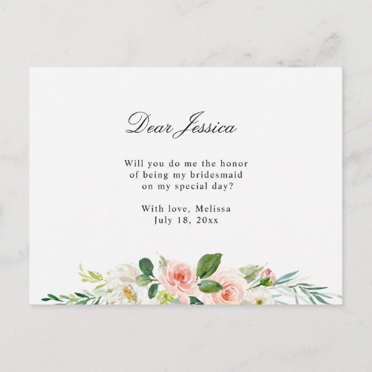 Rosa Blütenblume wird meine Bridesmädchenkarte sei Einladungspostkarte (Rückseite)