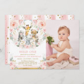 Rosa Blütenblüte Dschungeltiere Wild Ein Geburtsta Einladung (Vorne/Hinten)