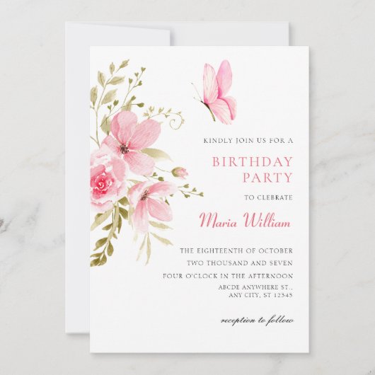 Rosa Blütenblüte Geburtstag Einladung (Vorderseite)