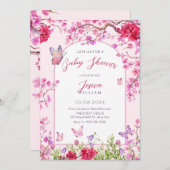 Rosa Blütenblüte Schmetterlinge Babydusche Einladung (Vorne/Hinten)